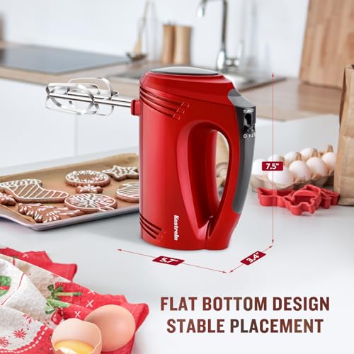 Kestreln Hand Mixer Electric Handheld with Flat Bottom, Portable Mixer for Kitchen Baking Cake, Powerful Mixing for Thicker Doughs with dough hooks