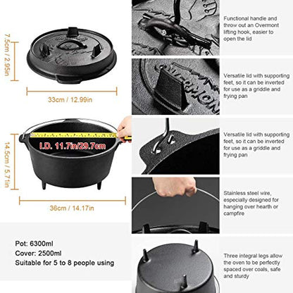 Overmont 9QT Cast Iron Dutch Oven Pre-Seasoned Camping Dutch Oven Pot with Legs, Lid Lifter & Dual Handles, Cast Iron Pot with Skillet Lid for Campfire Cooking, BBQ, Grill, Stove, Outdoor Use