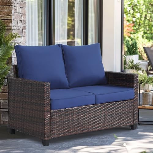 EortheX Patio loveseat 2-Seat Rattan Wicker Sofa,Blue,for Deck Garden
