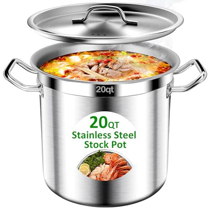 Stainless Steel Stock Pot，20QT Large Stock Pot with Lid for Boiling Cooking Soup Stew Canning, Heavy Duty Tri-Ply Bottom for Boiling Cooking Soup Stew Canning Cooking Pots, Cookware Sauce Pots