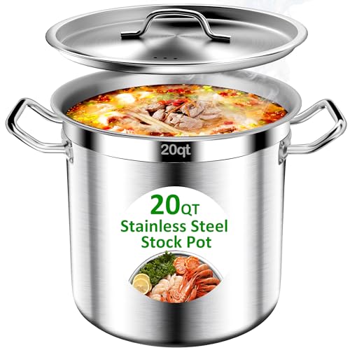 Stainless Steel Stock Pot，20QT Large Stock Pot with Lid for Boiling Cooking Soup Stew Canning, Heavy Duty Tri-Ply Bottom for Boiling Cooking Soup Stew Canning Cooking Pots, Cookware Sauce Pots