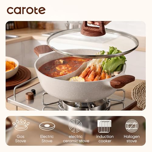 CAROTE Hot Pot with Divider Double Flavor Divided Stockpot with Glass Lid, Dual Sided Nonstick Stock Pot, Shabu Shabu Pots, Cookware for Induction Cooktop Gas Stove, 4.5-QT