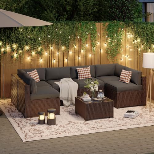 Aoxun Patio Furniture Sets, 7-Piece Outdoor Patio Furniture with Thick Cushions, Wicker Outdoor Conversation Set Sectional Sofa for Backyard, Poolside, Garden