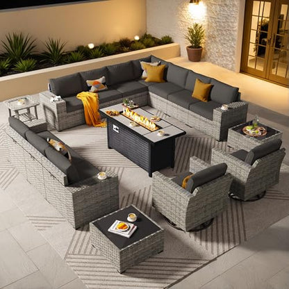 ovios 16 Pieces Patio Furniture Set, Outdoor Wicker Sectional Sofa Couch with 54" Fire Pit Table Swivel Chairs, Modern Modular Deep Seat Rattan Conversation Sets, Black