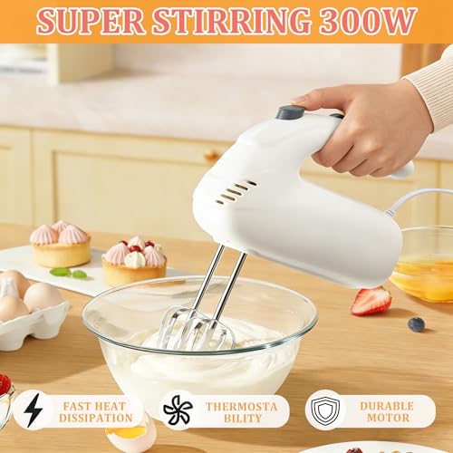 Katroiy 300W Hand Mixer Electric Handheld, 5 Speed Lightweight Kitchen Blender, Turbo Boost/Self-Control Speed Hand Held Beater Mixer with 4 Stainless Steel Whisks for Baking Cakes Eggs Cream, White
