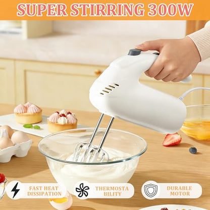 Katroiy 300W Hand Mixer Electric Handheld, 5 Speed Lightweight Kitchen Blender, Turbo Boost/Self-Control Speed Hand Held Beater Mixer with 4 Stainless Steel Whisks for Baking Cakes Eggs Cream, White