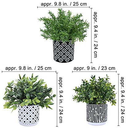 Winlyn 3-Pack Artificial Potted Plants - Faux Eucalyptus, Rosemary, Boxwood Greenery in Small Black & White Geometric Concrete Pots -Desk, Table, Shelf, Windowsill Decor for Indoor Outdoor Home Office