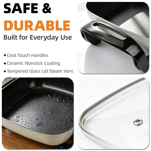 I-Keukenn 12" Ceramic Nonstick Electric Skillet with Tempered Vented Glass Lid, Scratch-Resistant Surface, Cool-Touch Handles, Removable Easy-to-Clean Design, 1200W, Vibrant Green