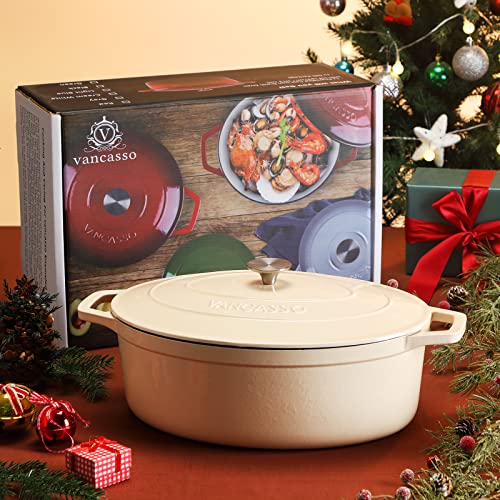 vancasso Enameled Cast Iron Dutch Oven, 9.3 Quart Dutch Oven Pot with Lid, Oval Cast Iron Pot with Non Stick Enamel Coating for Bread Baking, White