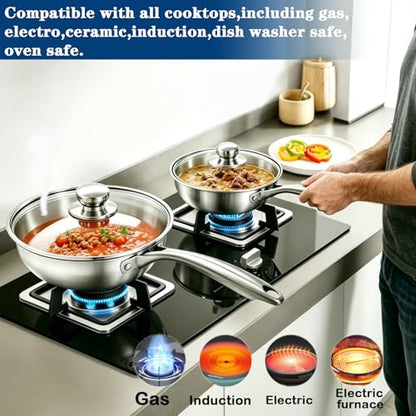 1 Quart Saucepan with Lid, 7Inch Mini Saucepan for 1 Person, Stainless Steel Saucier Pan Small Pot for Milk, Oatmeal & Noodles, 900ML