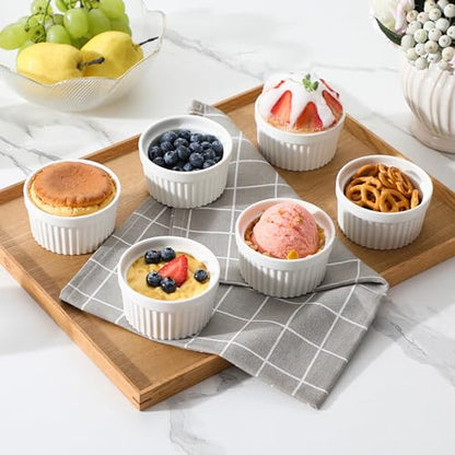 MALACASA Ramekins 4 oz Oven Safe, Porcelain Creme Brulee Ramekins Pudding Custard Cups Small Ceramic Souffle Dishes Ramakan Ramiken Ramicans Baking Bowls Set of 6, White, Series RAMEKIN-DISH