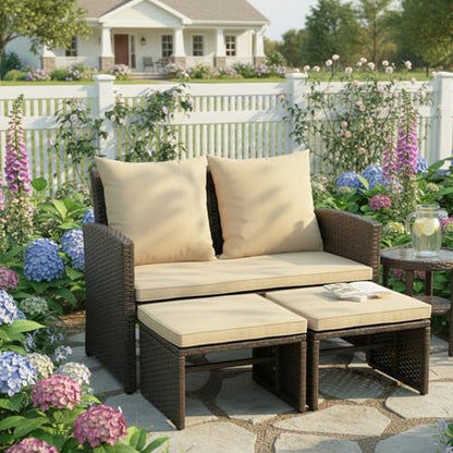 Tangkula Outdoor Loveseat with 2 Ottomans, 3 Pieces Patio PE Wicker Furniture Set with Cushions, Outside Rattan Conversation Set for Balcony, Garden and Backyard (Brown)