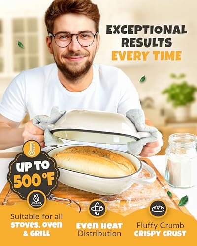 CRUSTLOVE Loaf Pan for Bread Baking - incl. Sourdough Bread-Baking Supplies like Banneton Bread-Proofing Basket - 2QT Enameled Oval Cast Iron Dutch Oven, Bread-Oven, Sour Dough Bread-Banking-Pan Tools