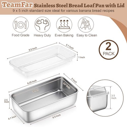 TeamFar Loaf Pans for Baking Bread, 9 x 5 Inch Stainless Steel Bread Loaf Pan with Lid, Meatloaf Pan Tin for Homemade Bread, Brownies, Meal Prep, Storage, Healthy & Dishwasher Safe - Set of 2