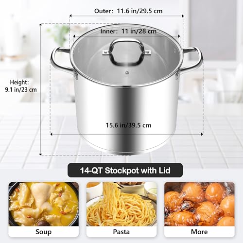 Homikit Large Stock Pot 14 Quart, Stainless Steel Chicken Soup Pot with Lid for Canning Steaming Stewing, Tri-ply Heavy Bottom Cooking Boiling Pasta Induction Stockpot, Dishwasher Safe