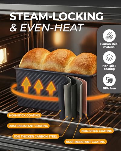 CARTMAN 3-Piece Pullman Loaf Pan with Lid Set – Non-Stick Carbon Steel Bread Pan with Bottom Vents – Includes Large (12.4"), Medium (8.2") & Mini (6.3") Sizes plus Silicone Tools – Classic Black