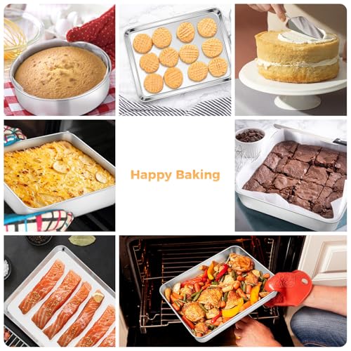E-far Stainless Steel Baking Pan Set, 6-Piece Metal Bakeware Sets Include Cookie Sheet, Round Square Rectangle Cake Pans, Non-toxic & Dishwasher Safe
