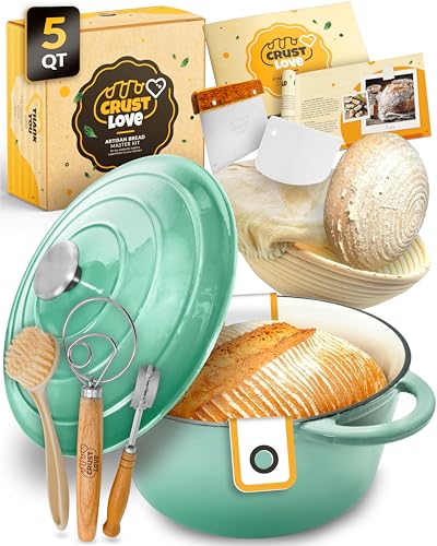 CRUSTLOVE Dutch Oven for Bread Baking - incl. Sourdough Bread-Baking Supplies like Banneton Bread-Proofing Basket - 5QT Enameled Cast Iron Bread-Oven with Lid, Baking Pan, Scoring Tool Lame