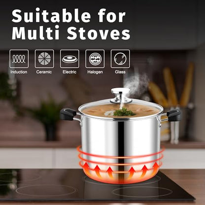 10 Quart 3-Ply Cooking Stock Pot with Lid, P&P CHEF Stainless Steel Large Pot for Pasta Soup, Work on Multi Stove, Heavy Duty & Dishwasher Safe, Dual Heat-resistant Handles & Transparent Glass Lid