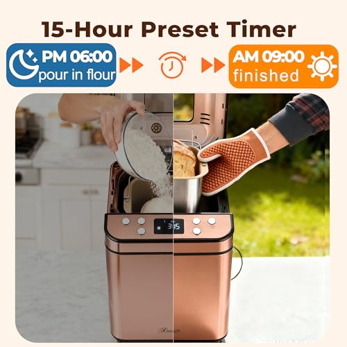 Rosewill 25-in-1 Automatic Bread Maker Machine with 3 Loaf Size up to 2 Lb, 700W High Power Dual Heater with BPA-Free Nonstick Coating Pan, Max 15 Hours Delay Timer, Low Noise, Cinnamon