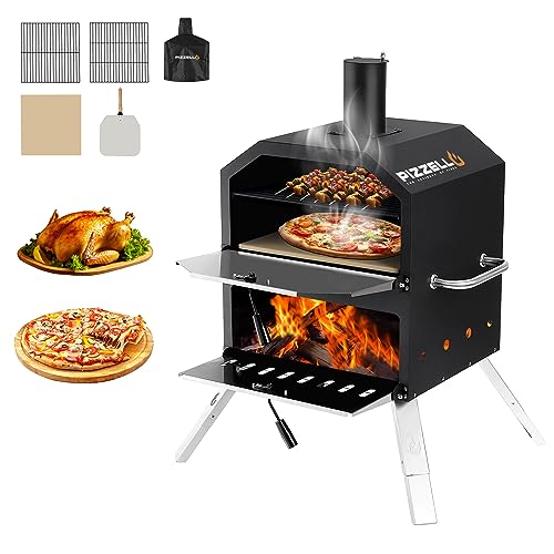 PIZZELLO Pizzello Outdoor Pizza Oven 16'' Large Wood Fired 2-Layer Pizza Ovens with Pizza Stone, Pizza Peel, Grill Grate, Oven Cover, Outside Pizza Maker for Camping Backyard BBQ, Pizzello Grande 16