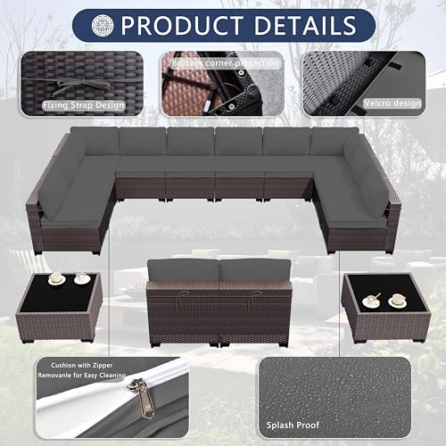 ASJMR Outdoor Patio Furniture Set, 14 Pieces Outdoor Sectional Furniture Patio Sofa, All-Weather PE Rattan Patio Conversation Set with Tempered Glass Top Table & Cushions(Grey).