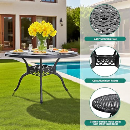 PATIO-IN 5 Pieces Cast Aluminium Patio Dining Set for 4-6 Person,Round 48" Patio Table and Chairs Set of 4 with 2.3" Umbrella Hole,Outdoor Patio Furniture Dining Set for Porch Backyard Deck, Black