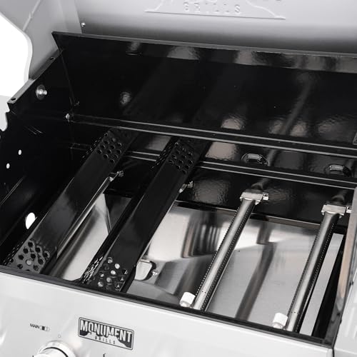 Monument Grills 4-Burner Liquid Propane Gas Grill, Silver Stainless Steel Grill Patio Garden Barbecue Grill with Clearview® Lid and One Foldable Shelf, Mesa400MF with BBQ Cover