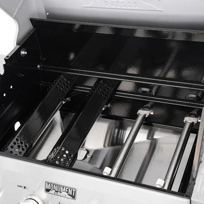 Monument Grills 4-Burner Liquid Propane Gas Grill, Silver Stainless Steel Grill Patio Garden Barbecue Grill with Clearview® Lid and One Foldable Shelf, Mesa400MF with BBQ Cover