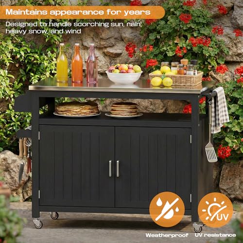 FUQARHY 43.3-Inch Outdoor Kitchen Island with Storage Cabinet and Stainless Steel Top, Solid Wood Prep Station Grill Table with Lockable Wheels for Patio, Backyard, Party (Black)