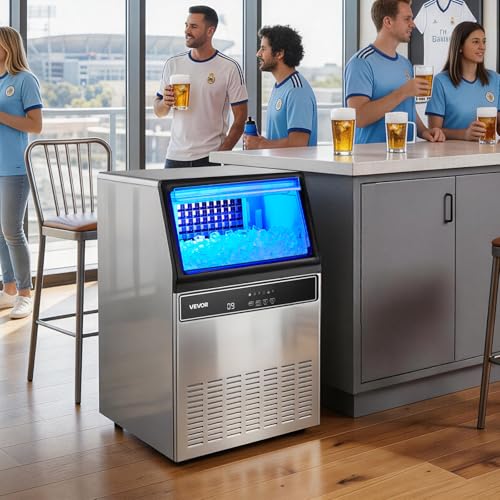 VEVOR Commercial Ice Maker Machine, 120 lbs/24H Ice Production, 19-33 lbs Storage Bin, 45 Cubes per Cycle, Stainless Steel Under Counter & Freestanding Ice Maker with LED Display, Self-Cleaning