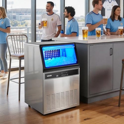 VEVOR Commercial Ice Maker Machine, 120 lbs/24H Ice Production, 19-33 lbs Storage Bin, 45 Cubes per Cycle, Stainless Steel Under Counter & Freestanding Ice Maker with LED Display, Self-Cleaning
