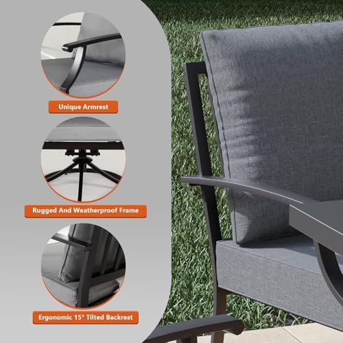 Trumbeak 7 Piece Metal Outdoor Patio Furniture Set with 48"/55000 BTU Round Fire Pit Table,Outdoor Dining Table Set 6 Swivel Chairs No-Slip Cushions and Waterproof Covers,Grey