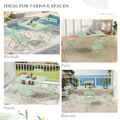 MELLCOM 5-Piece Foldable Patio Dining Set with Rectangular Table and Chairs, Weather-Resistant Iron Outdoor Dining Set for 4 People, Outdoor Table and Chairs for Patio, Yard, Indoor, Green