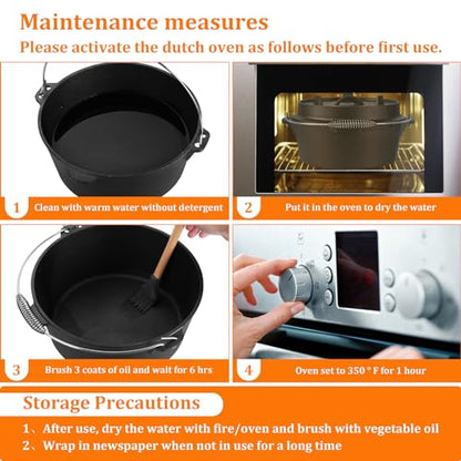 7QT Dutch Oven Camping with Lid Lifter, Leonyo 2 in 1 Cast Iron Dutch Oven for Outdoor Camping, Heavy Duty & Pre-Seasoned Deep Pot for Sourdough Bread Baking, Campfire Cooking