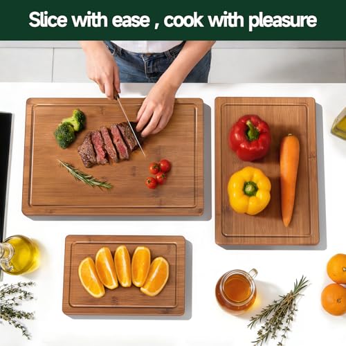 Zeawec 3-Piece Set Bamboo Cutting Board for Kitchen - Crack-Resistant Wood Chopping Boards with Deep Juice Grooves, Pre-Oiled Butcher Block for Meat, Vegetables & Cheese, Carbonized