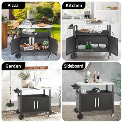 Dining Cart Table with Big Storage Cabinet, Movable Outdoor BBQ Grill Table Pizza Oven Stand, Kitchen Cart Island Multifunctional Food Prep for Inside and Outside