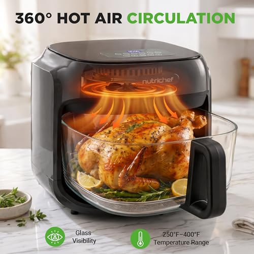 NutriChef Family Size 7.5 Quart Air Fryer | 6 Preset Cooking Modes | Glass Fry Bowl for Best Cooking | 360° Air Circulation | Cook Veggies, Steak, Fries, Seafood, Chicken & More | Gray