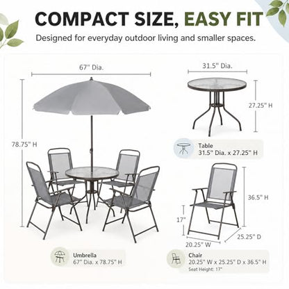 Qinazoe 6-Piece Patio Dining Set for 4 with Umbrella, Gray