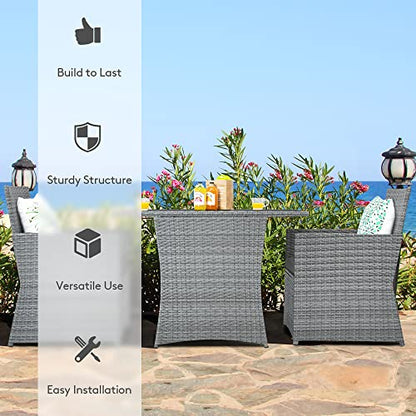 DORTALA Wicker Outdoor Bistro Set 3 Piece, Patio Furniture Set for Small Space with Table & Dining Chairs, Rattan Conversation Sofa Set for Balcony, Porch, Backyard, Deck, Grey