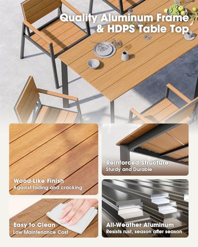 ComfCove Outdoor Dining Set, Aluminum Patio HDPS Outdooor Table and Chairs Set with Umbrella Hole, All Weather Patio Furniture Set, Patio Dining Table Set,Gray & Teak,7 Pieces