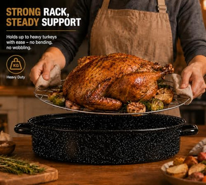 bajindan 16 Inch Enamel Roasting Pan with Lid & Rack, Oven & Dishwasher Safe Turkey Roaster, 932°F Heat Resistant, Includes Silicone Handles & Cleaning Sponges