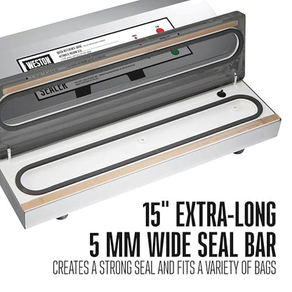 Weston Brands Vacuum Sealer Machine for Food Preservation & Sous Vide, Extra-Wide 5mm Bar for Sealing Bags up to 15" Wide, 1020 Watts, Commercial Grade Pro 2300, Stainless Steel (65-0220-W)