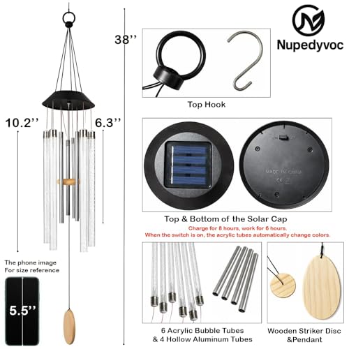 38” Bubble Column Aluminum Tube Solar Light LED Wind Chime for Outside, Weather Resistant Outdoor Garden Patio Soft Tone Decor, Ideal Gift for Birthday, Mother's Day, Meditation, Relaxation