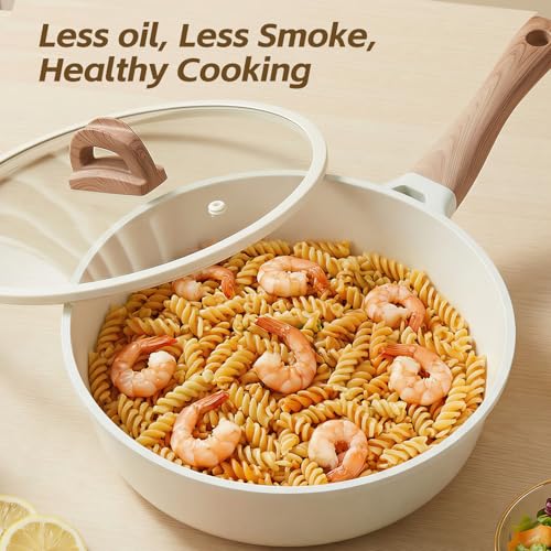 USELUCK Ceramic Nonstick Frying Pan with Lid, 4.0 QT Sauté Pan Large Capacity Skillet, Non Stick Deep Frying Pan Induction Compatible White Granite Coating PFOA/PFAS Free Non-toxic Healthy
