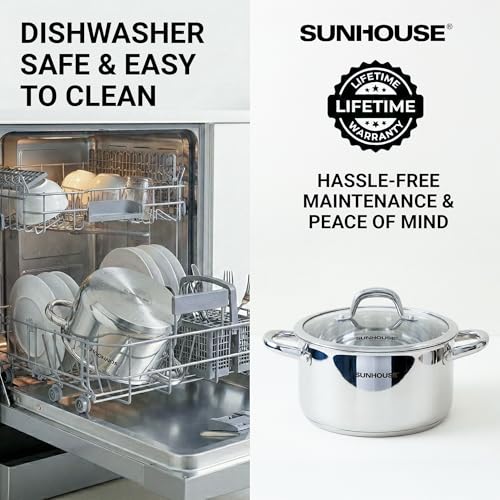 SUNHOUSE Whole-Clad 12-Quart Stainless Steel Stock Pot with Lid - Professional Whole Body Clad Stock Pot - Induction Ready, Oven Safe Dishwasher Safe Cooking Pot