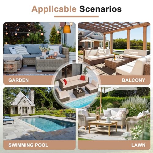 6 Pieces Patio Furniture Set Outdoor Couch Wicker Sectional Sofa, Beige