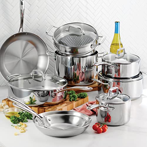Tramontina Tri-Ply Clad Stainless Steel 14-Piece Cookware Set with Glass Lids, Pots and Pans Kitchen Set, Induction-Ready, Dishwasher-Safe, NSF-Certified