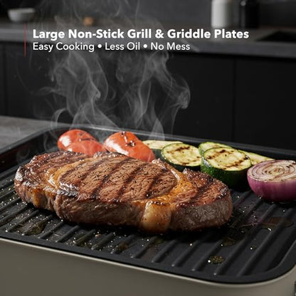 OVENTE 2-in-1 Electric Indoor Grill, 1500W Smokeless Korean BBQ Griddle with Non-Stick Removable Cooking Plate, 3 Raclette Cheese Pans, Adjustable Temperature Control, Dishwasher Safe, Beige BQR1502B