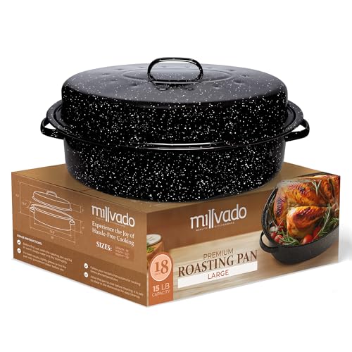 Millvado Roasting Pan With Lid, Turkey Roaster Pan, Extra Large 15 lb Capacity, 18" Granite Oven Roaster Oval Shaped Speckled Enamel on Steel Cookware